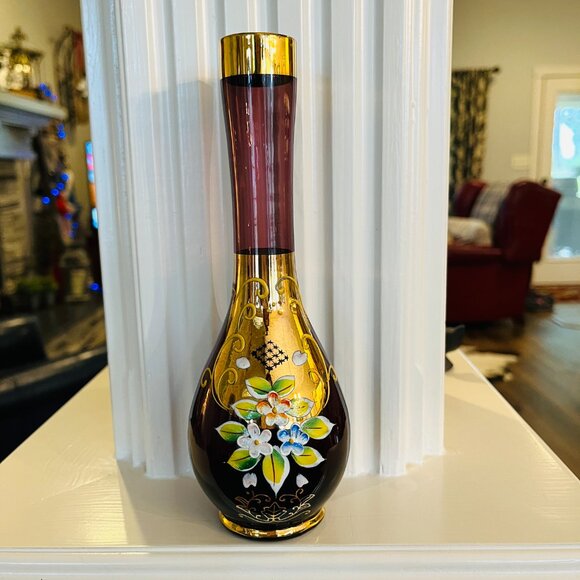 💰3/$15💰VTG  Hand painted amethyst floral bud vase bright gold - Picture 4 of 15